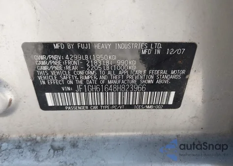 2008 Subaru Impreza 2.5I из США, поврежденный, VIN JF1GH61648H823966